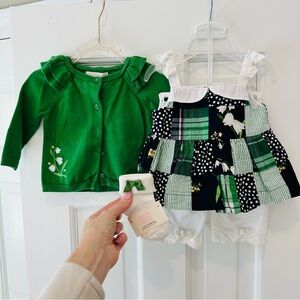 Janie and Jack Green Cardigan, Plaid Patchwork Tunic and Capris Set